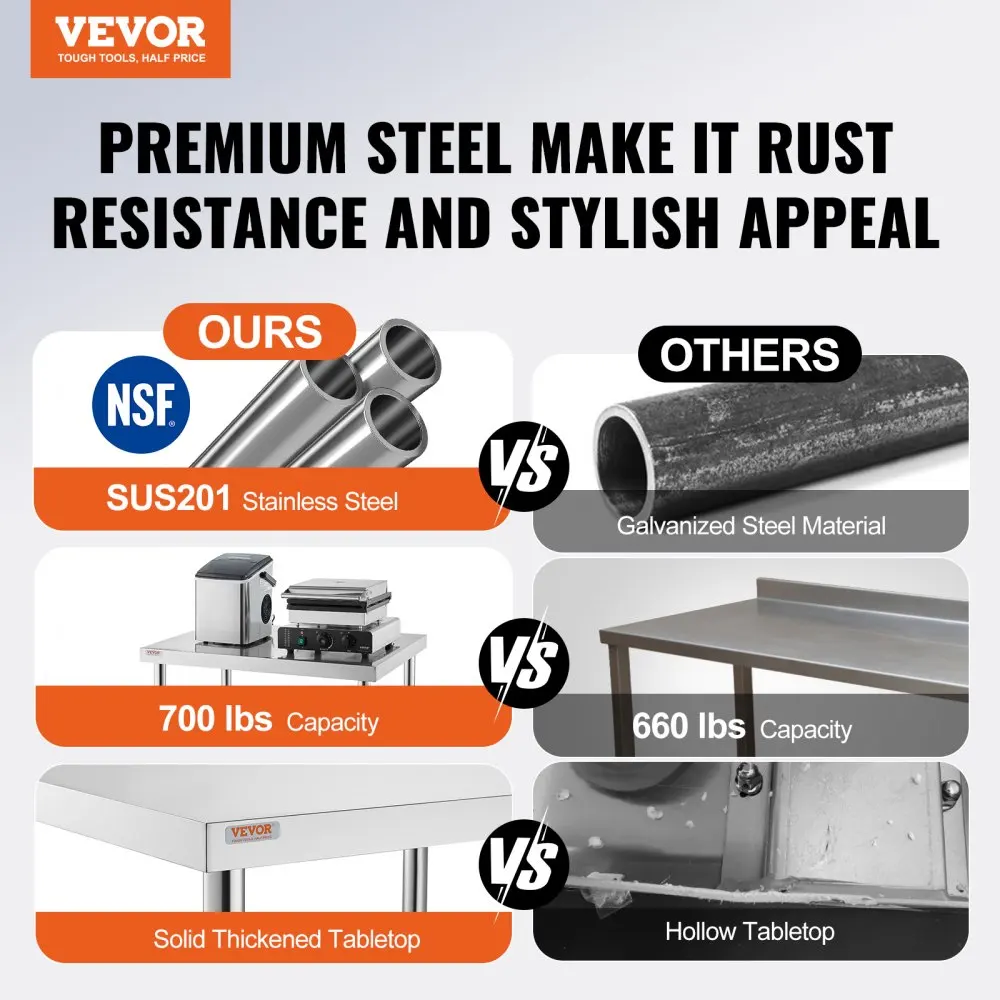 VEVOR Stainless Steel Work Table 700 LBS Load Capacity with 4 Wheels Heavy Duty Food Prep Worktable 2