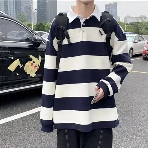 Men's Clothing Polo Shirt Yellow White Striped Long-sleeved Top Social New Fashion Trend Y2k Casual Loose Tops 2