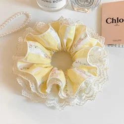Yellow and White Striped Floral Double Layer Lace Frill Scrunchies - Cute Vintage Hair Accessories (As Showen)
