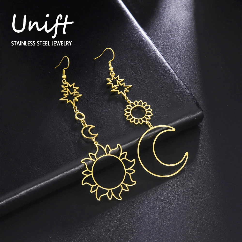 Unift Star Sun Moon Orecchini Long Statement Earring Fashion Boho Bohemian Hippie Jewelry Acciaio Inossidabile Big Sun Crescent Moon