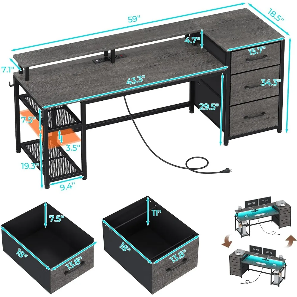Office Desk with Drawers, Reversible Computer Desk with File Drawers, Gaming Desk with LED Lights, Home Office Desks 5