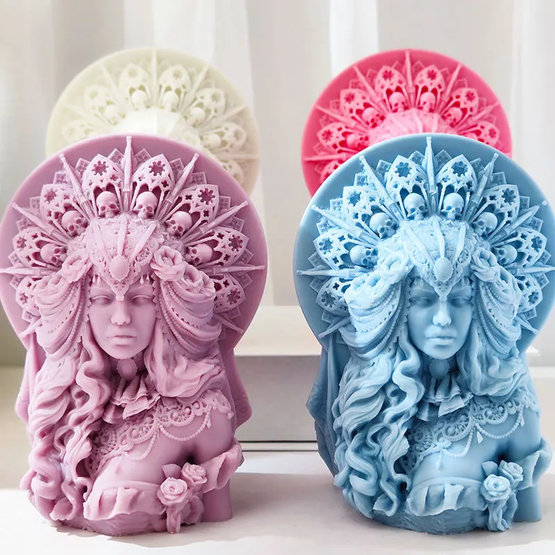 DIY Half body skull head queen candle silicone mold curly hair goddess woman resin silicone mold European goddess gypsum silicone mold silicone candle mold aromatherapy candle mold silicone candle molds candle mold