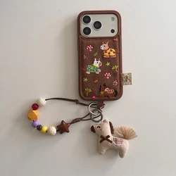 Charming Brown Embroidered Pony Mushroom Shockproof Phone Case with Lanyard - iPhone 15 (With Lanyard)