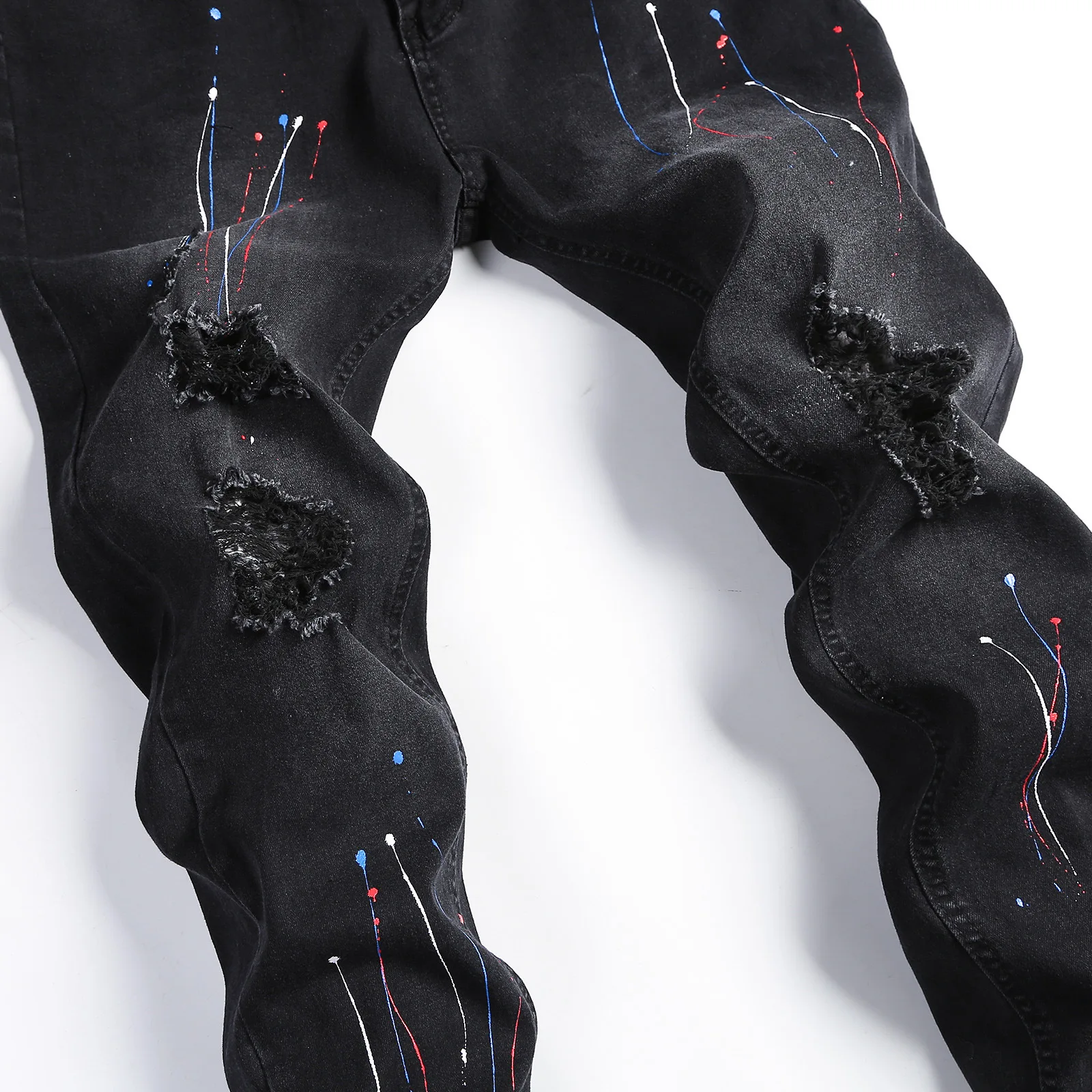 Men's Jeans Slim Fit Ripped Fashion Paint Hip Hop Man Denim Street Style Youth Cool Trousers Stretch Hole Patchwork Pants