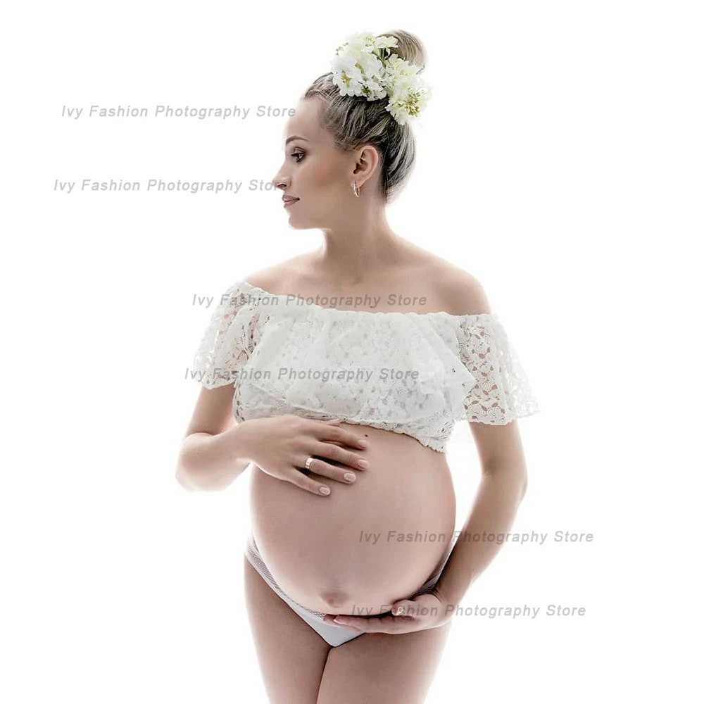 Maternity Clothing For Photo Shoot Props Lace Short Top Sexy Transparent Tulle Long Sleeved Top Clothes For Pregnant Women