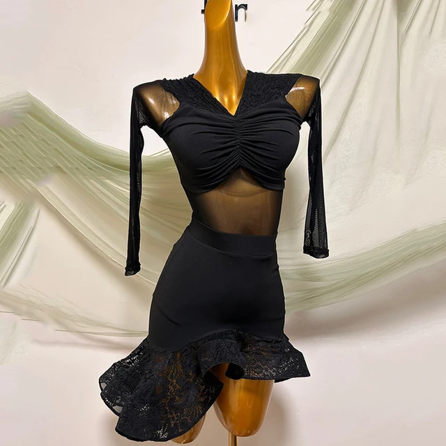 Jupe Danse Latine Fendue En Dentelle Pour Femmes - Noire - Polyester/Élasthanne - Taille Unique 72cm