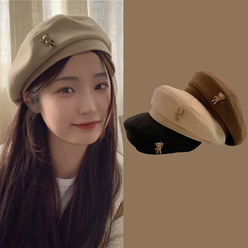 

Korean Style Elegant Winter Cute Bear Solid Beret Hat Woolen Painter Hat Berets Caps