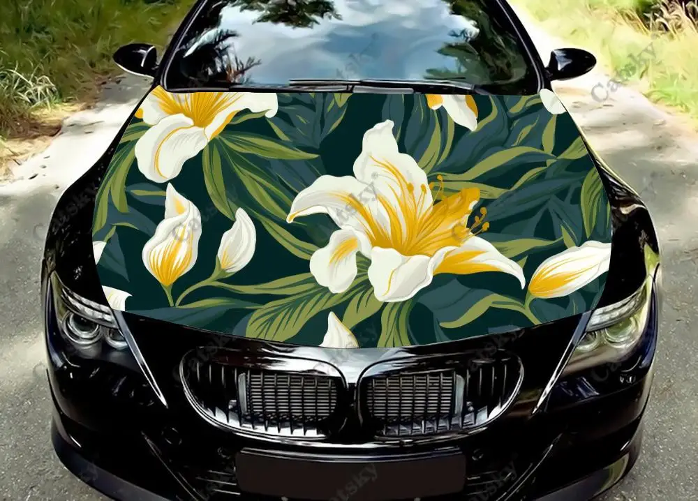 

Белые и желтые лилии, виниловые наклейки на капот автомобиля, оберточная виниловая пленка, наклейки на крышку двигателя, автомобильные аксессуары