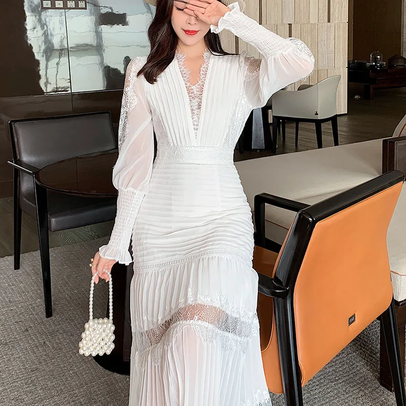 

Elegant Women Runway Designer Lantern Full Sleeve Dress Female Laces Patchwork V-Neck Midi Party Dresses Vestidos 2024 DS73