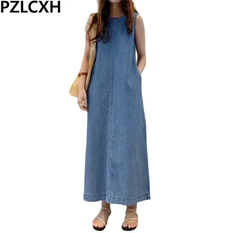 Blue Summer Dress Women 2024 Fashion Korea Elegant Thin Imitation Denim Vintage Loose Sleeveless Long Dress Streetwear Clothes