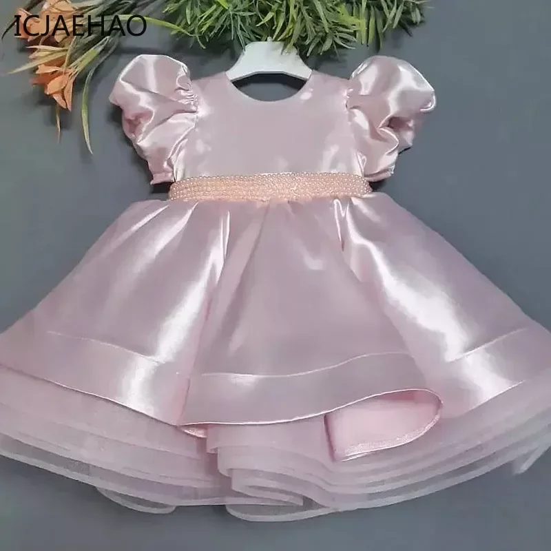 

Pink Satin Beading Ceremony Dress Fairy Frocks for Infant Weddings Costume Bridesmaid for the Girls Kids Ball Gown Matching