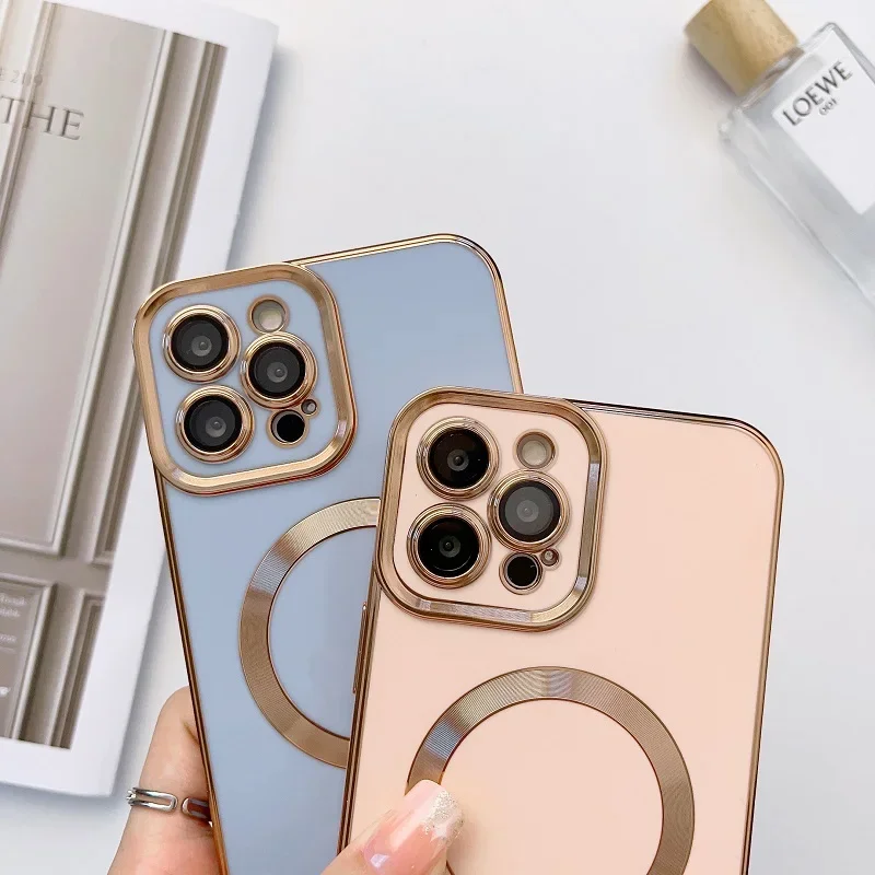 Plating Frame Phone Case iPhone 13 12 11 Pro Max 14 Plus For Magsafe Magnetic Wireless Charging Lens Protective_voghion.com