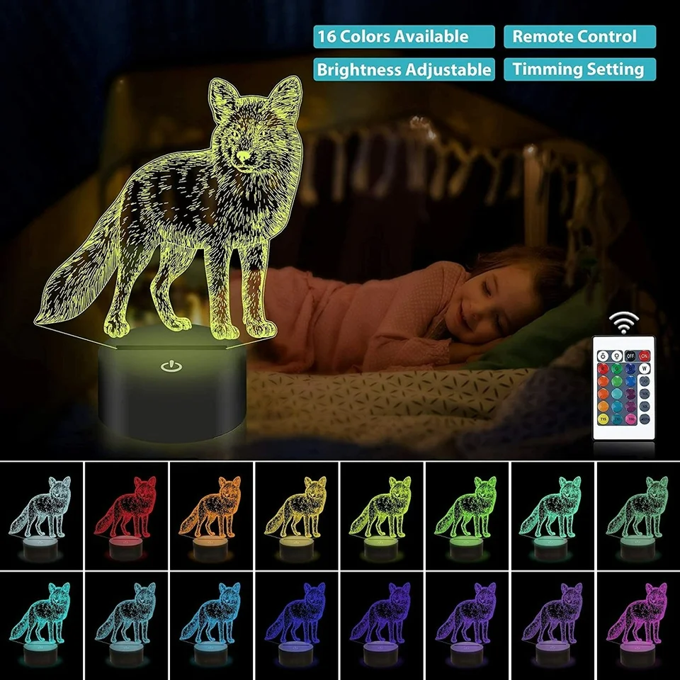 SUPERRUIDALONG Luci notturne creative 3D a forma di volpe, telecomando a 16 colori, in acrilico, lampada da comodino per bambini, camera da letto, scrivania, decorazione per compleanno, regalo di