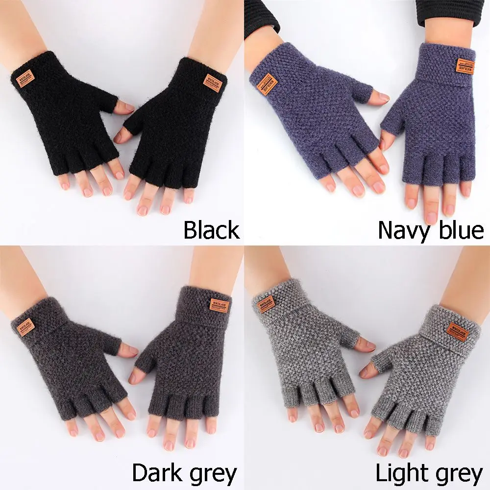 Leather Label Elastic Winter Warm Driving Gloves Half Finger Mittens Fingerless Gloves Knitted Alpaca Wool