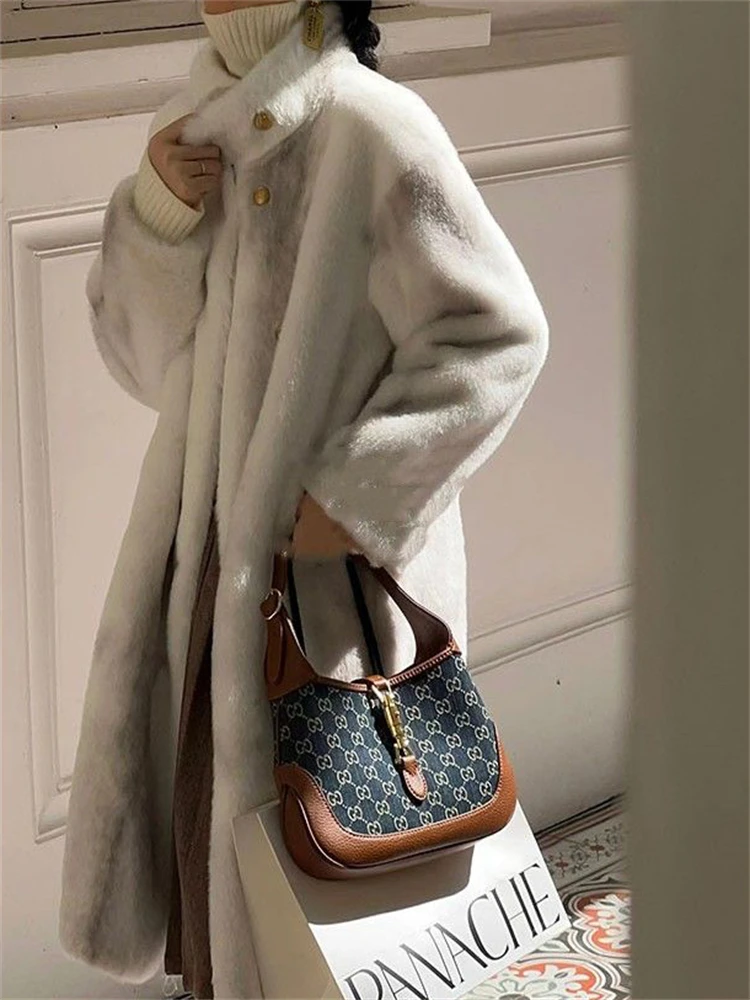 Thicken Long Faux Rabbit Fur Overcoats Winter Imitate Mink Chaquetas High Quality Women Plush Coats Stand Collar Furry Jackets