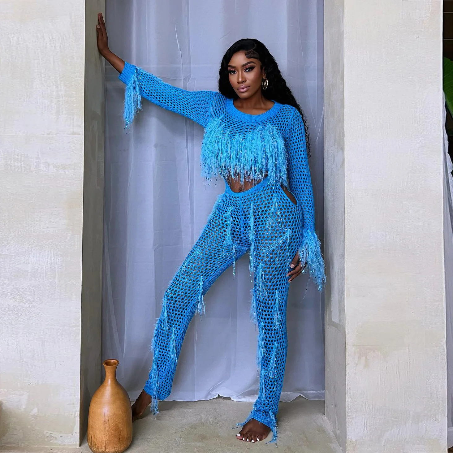 Women'S Sexy  Knitted  Hollow-Out Long Sleeve High Waist  Tassel Slim Fit Romper Girls Fringe Party Beach Jumpsuit Beachwear