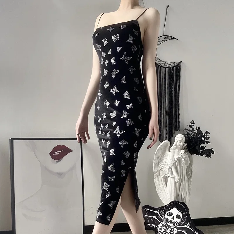

Vintage Grunge Long Dresses Harajuku Punk Spring 2024 Summer Gothic Splice Backless Dark Academia Y2K Dress Butterful Print Chic