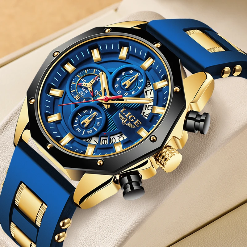 LIGE Fashion Gold Watch Men Casual Business Sports Men's Quartz Wristwatches Silicone Waterproof Date Chronograph Montre Homme