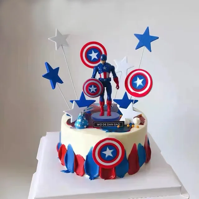Captain America Super Hero Cake Decoration Ornaments for Children s Boy Happy Birthday Card Five-pointed Shield Plug-in