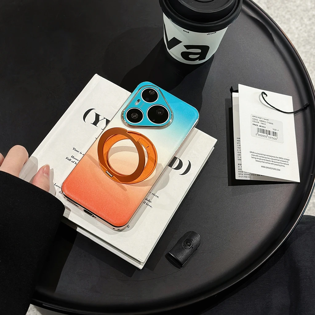 Luxury Gradient Faux Leather Phone Case with Electroplated Border and 360° Rotatable Stand