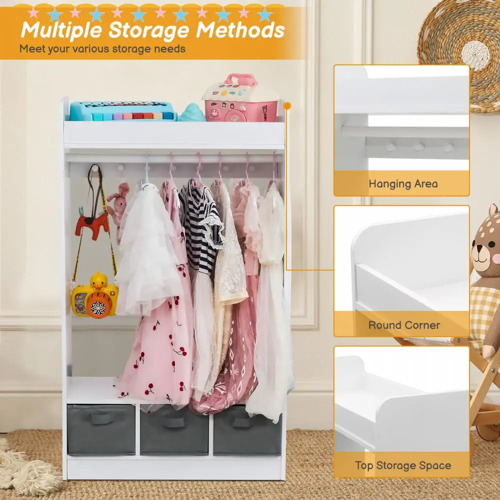 Children's Wardrobes Open Hanging Armoire Closet With Mirror Simple Kids Costume Organizer Clothes Cabinets Bedroom Furniture 4