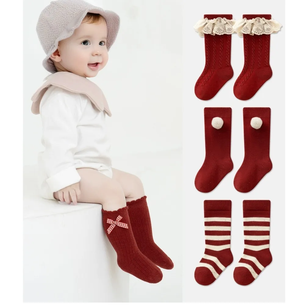 5Pairs Newborn Bowknot Hollow Out Long Socks Red Baby Soft Solid Prewalker Sock Girl Infant Knitted Stockings 0-8Years