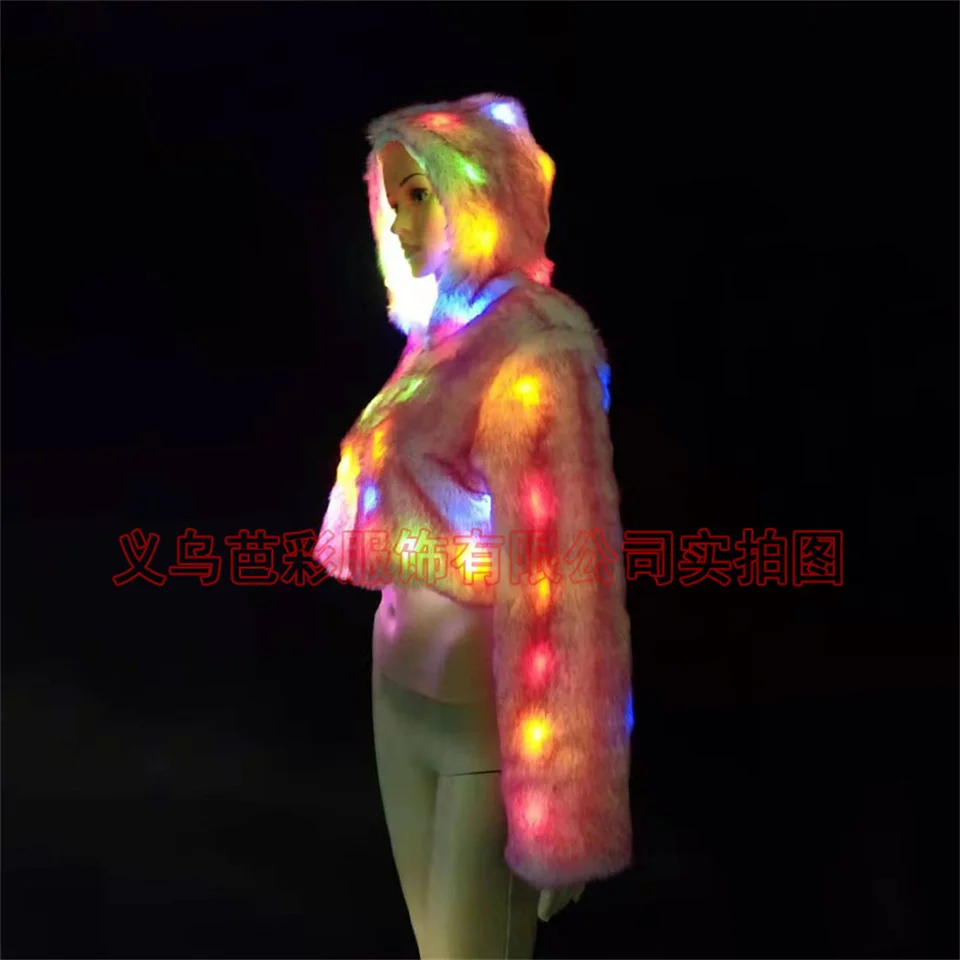 LED Tron Dance Costume Woman Dancer Light Up Clothing Faux Fur Coat Bar Nightclub Christmas Party Rave Outfit Glow Jacket Wear