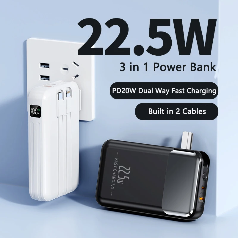 

3 in 1 Power Bank 20000mAh 22.5W Fast Charging Powerbank with Cable AC Plug Wall Charger for iPhone 15 Samsung S23 Huawei Xiaomi