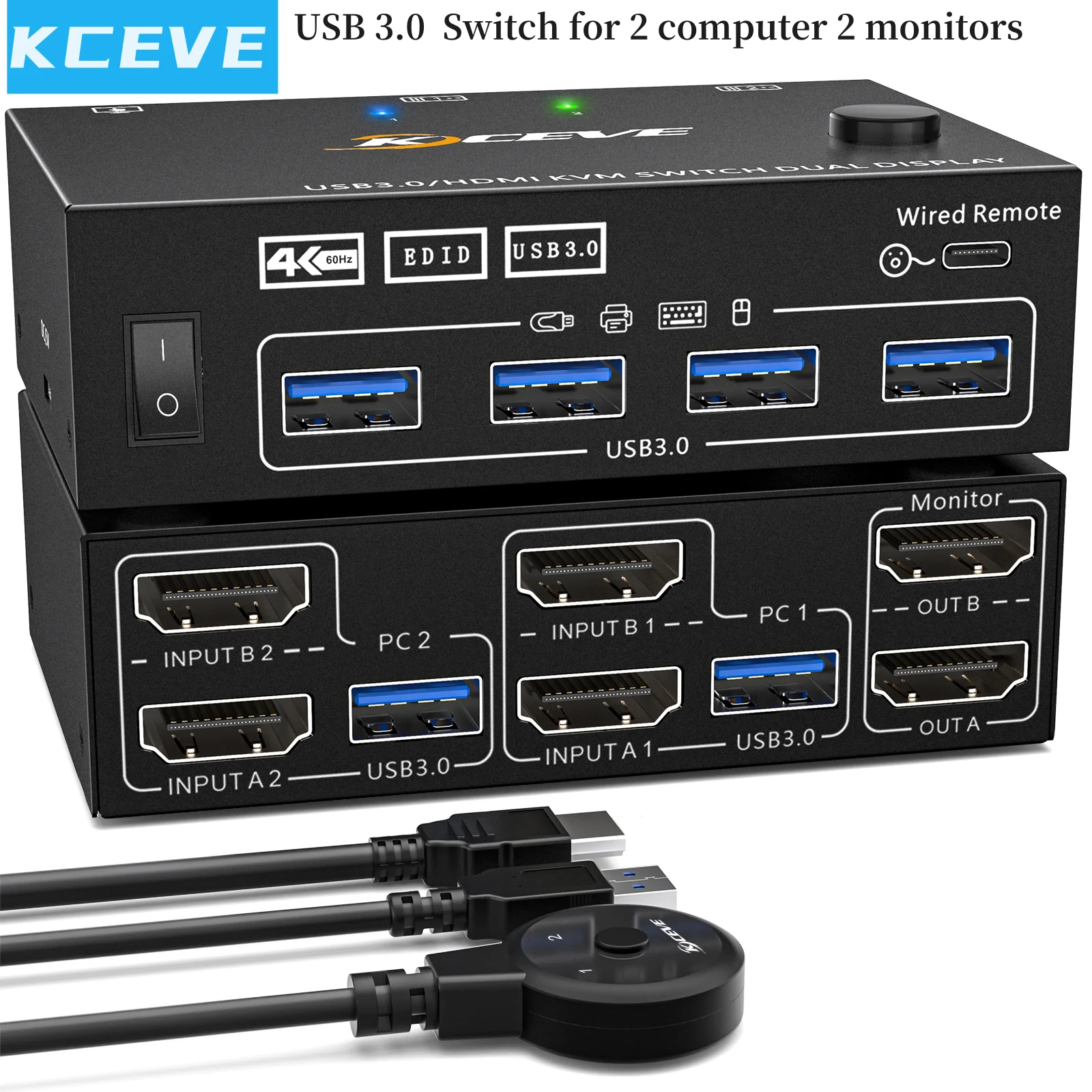 Kceve-hdmi Dual Monitor Usb Extended Display Switcher Kvm Switch Computadores Monitores Portas Usb 3.0 com Simu