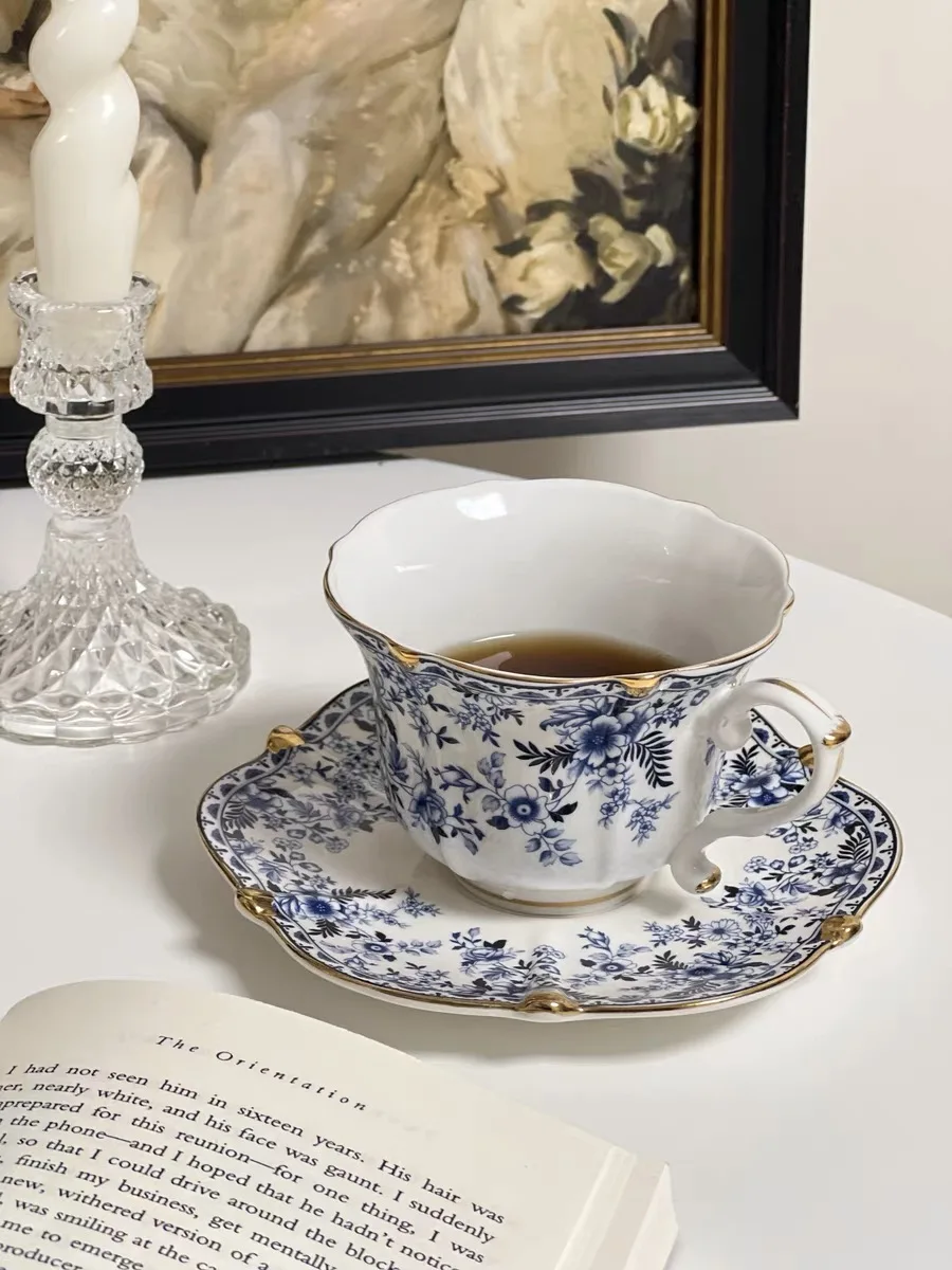 영국 블루 앤 화이트 도자기 커피잔과 접시 세트, 세라믹 레트로 유럽풍 고급스..