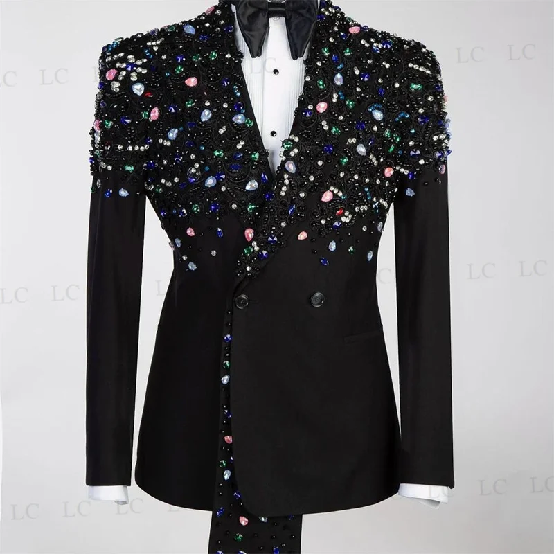 glitter black men suits set formal 2 pcs blazer pants wedding groom tuxedo custom made gentlemen male office party jacket coat Floral 2 Piece Blazer One Button Pants Men Suits Tuxedo Beadings Diamonds High Fashion Prom Party Wedding Groom Plus Size Custom