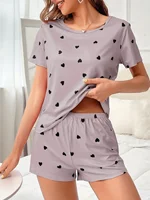 2-Piece Women's Love Print Knit Fashionable Soft Short Sleeve and Shorts Sleepwear Set for Comfortable Home Wear - Image 3