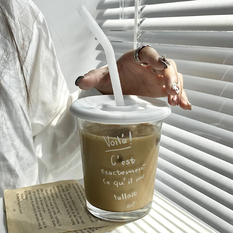

Coffee Travel Mugs Transparent Letter Glass Cup With Lid & Straw Portable Ice American Cups Office Milk Juice Drinkware 350ml