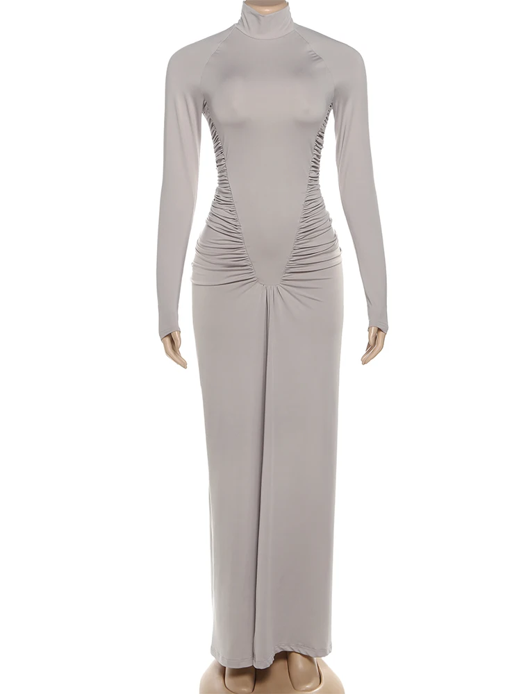 Nibber Turtleneck Maxi Dress Women Peach Butt Long Sleeve Folds Solid Skinny Elasticity Classic Basis Elegant Party Vestidos