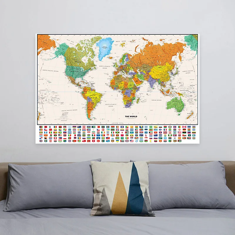 World Map Poster Retro World Map in English Classic Edition 100*70cm Unframed Canvas Painting Wall Art Print Office School Supplies