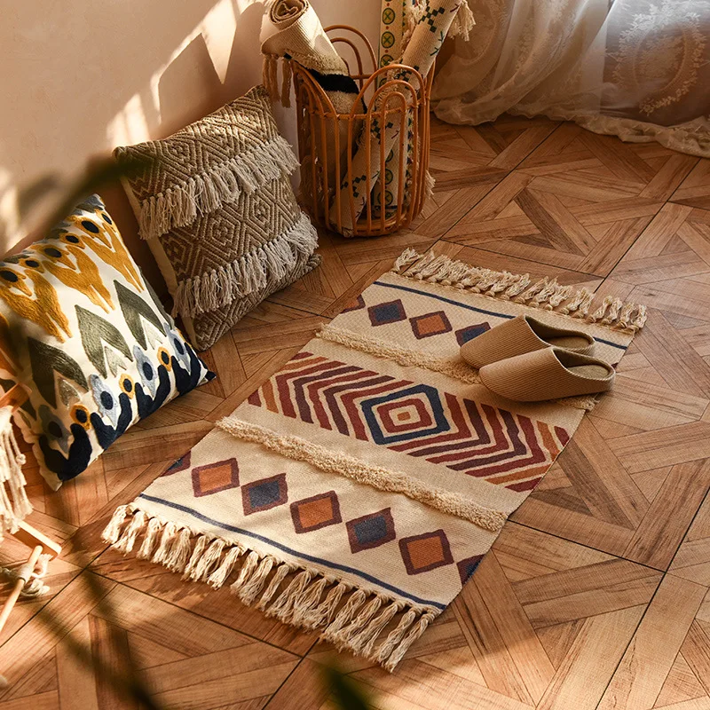 Bohemian Rug Cotton Linen Tassel Hand Woven Floor Mat Bedroom Bedside