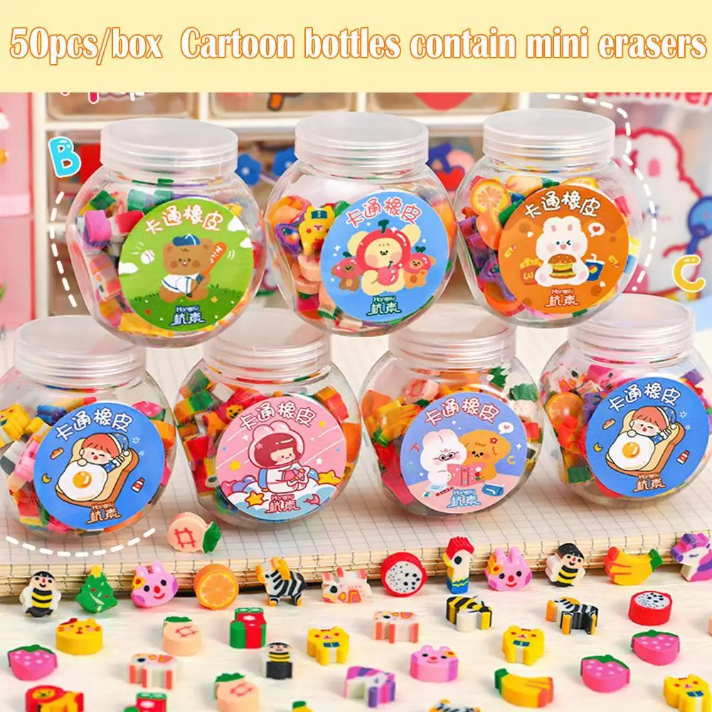 

50Pcs/box Cute Animal Fruits Pencil Eraser Rubber Eraser Primary Student Prizes Kids Gift Stationery Erasers Random Style