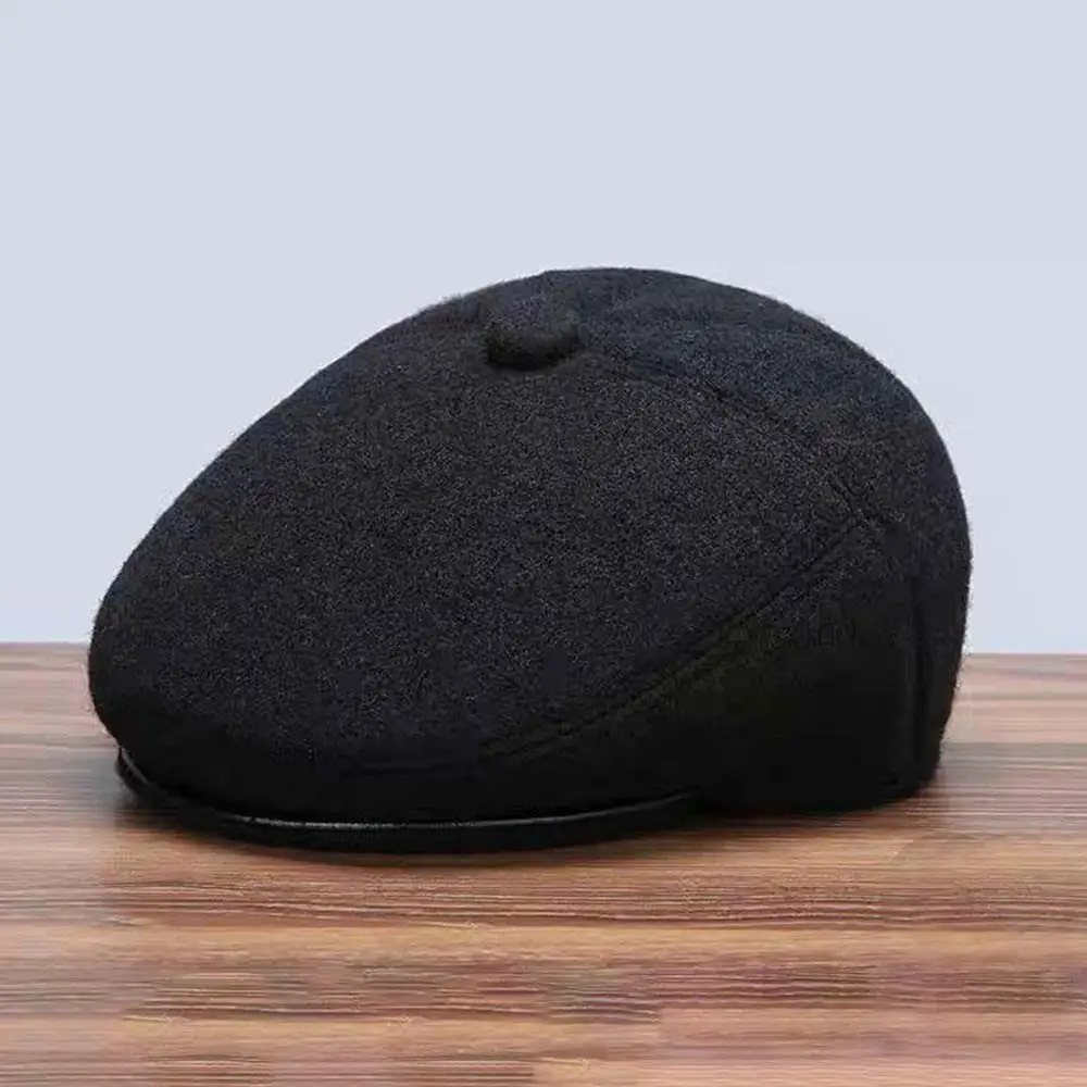 Thick Warm Winter Caps For Men Solid Black Grey Flat Cap Male Autumn Winter Beret Hat With Ear Flaps Dad Grandfather Beret Caps