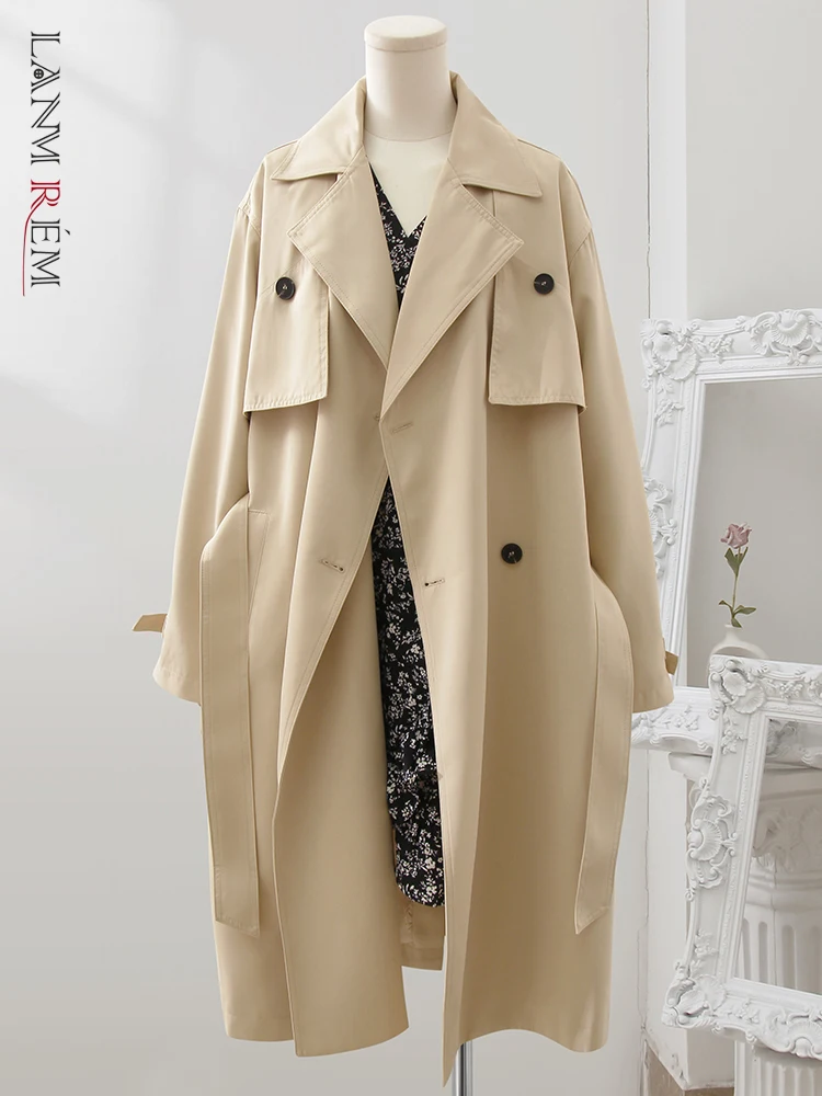 

LANMREM Fashion Women Trench Coat Solid Color Lapel Double Breasted Belt Windbreaker Korean Style Clothing 2024 New 32A352