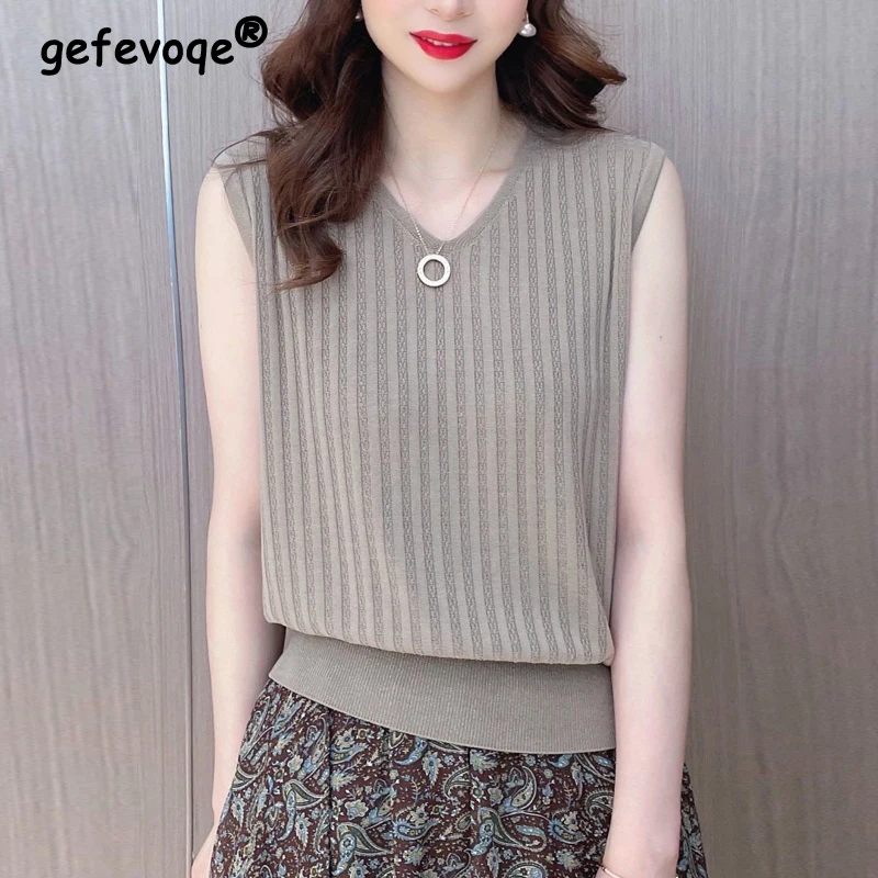 

2024 Summer Women's Korean Fashion Elegant Ribbed Knit Thin Basic Vest Ladies V Neck Sleeveless Solid Loose All Match Tank Tops