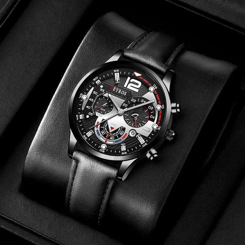 Fashion Men Leather belt Quartz Watches Round Dial Casual Calendar Bracelet Wristwatch Luminous Clock