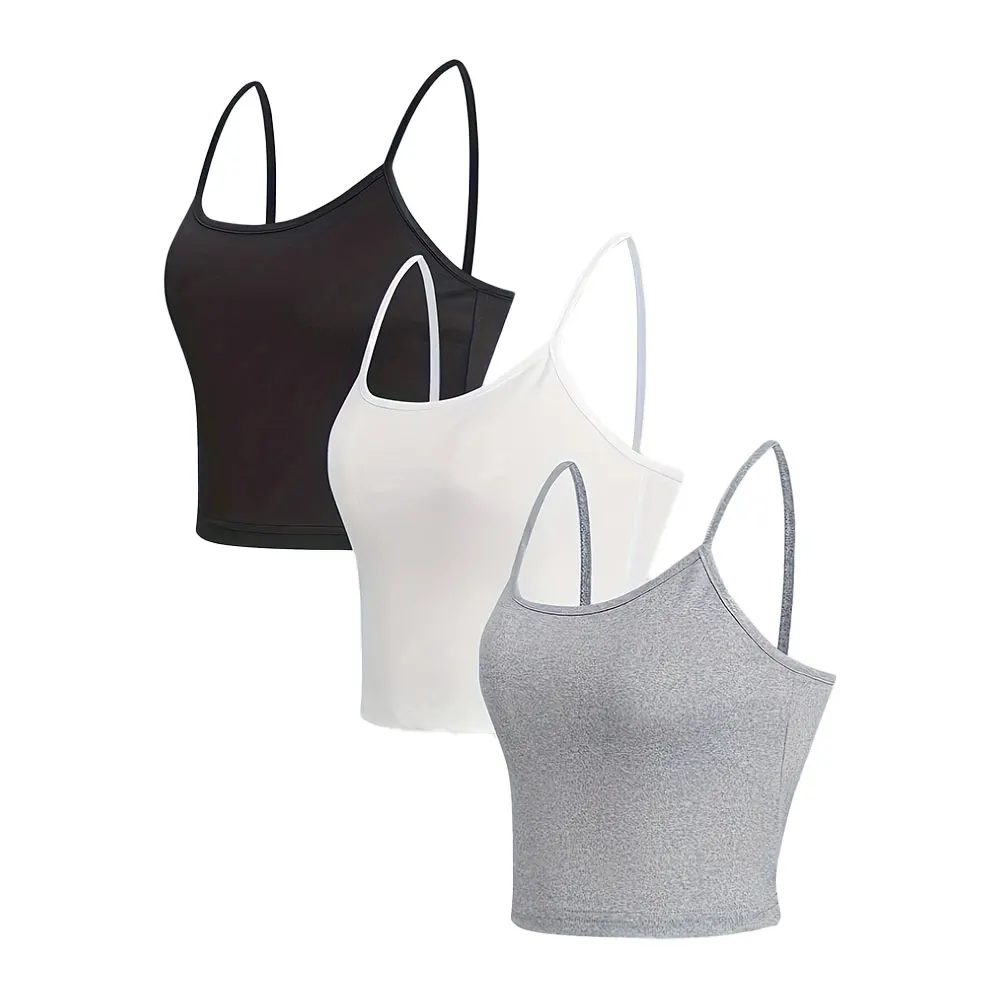 Cami de cor sólida feminina, slim backless spaghetti strap top, roupa versátil, verão, pack 3