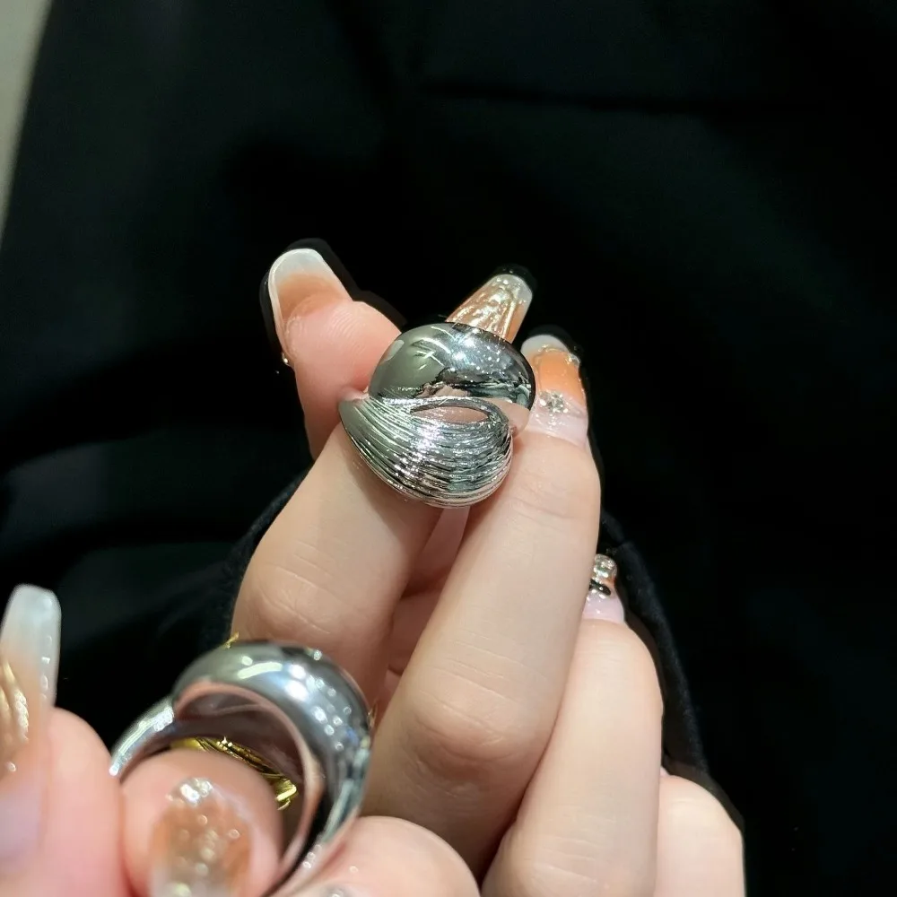 Vintage Texture Stripe Water Drop Stainless Steel Ring Waterproof Adjustable Hollow Out Open Ring Trendy Jewelry Creative Gift