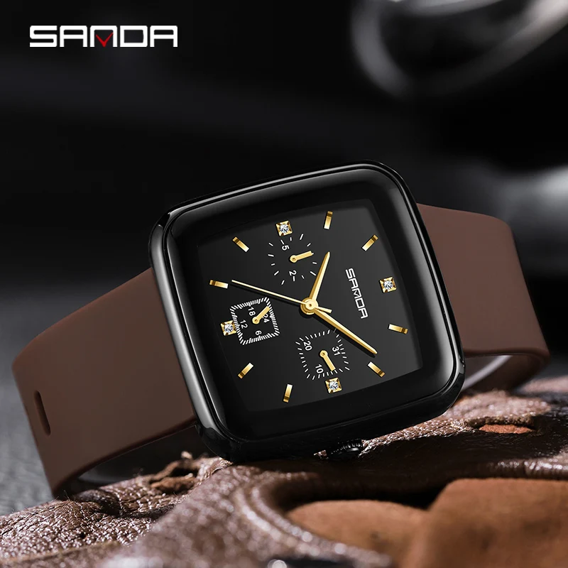 SANDA Fashion Casual Mens Watches Genuine Watch Square Dial Design Quartz Watch Shockproof Waterproof Multifunction Dial P1112