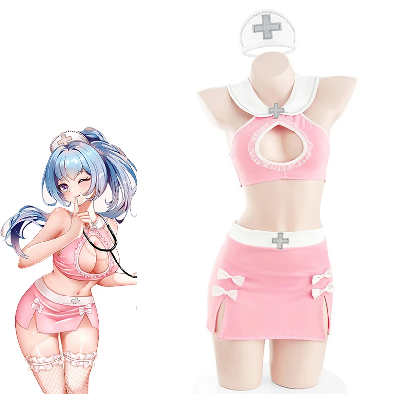 

Anime Sweet Girl Pink Nurse Unifrom Women Hollow Bow Cute Outfits Costumes Cosplay