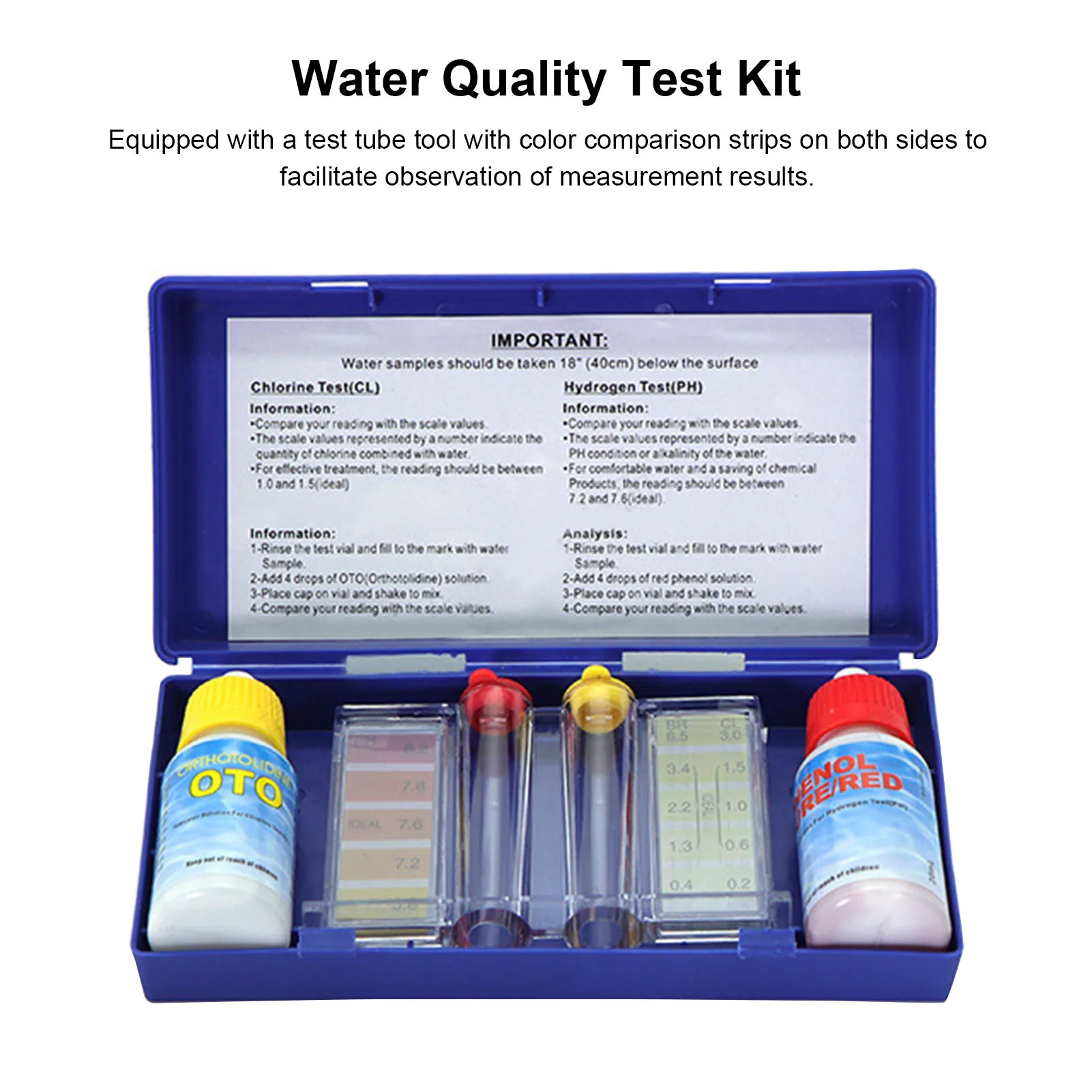 Water Tester Water Quality Test Solution with Testing Strip Tube Tool for PH Residual Chlorine Detection
