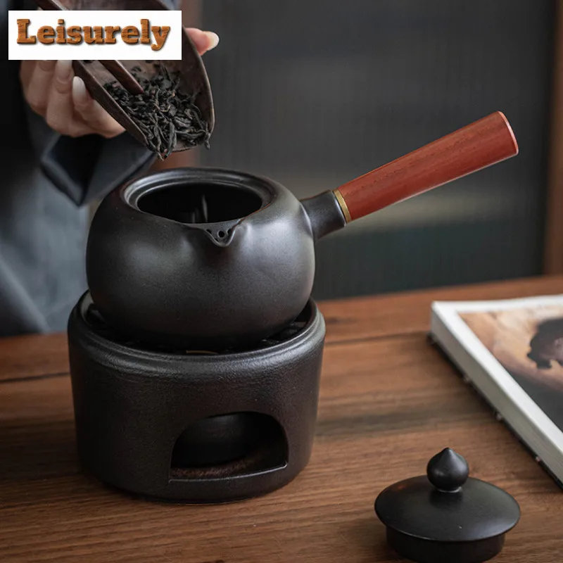 520ML Antique Pauline Lotus Ceramic Teapot Chinese Solid Wood Side Handle Pot Boiling Water Kettle For Stove Kung Fu Tea Set
