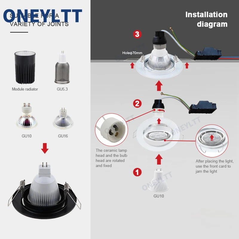 White/Black Led ceiling spot light Led spotlight lamp Frame Adjustable Downlight led HoldersCutout 70mm For MR16 GU10 Bulb Holder Recessed LED Spot light