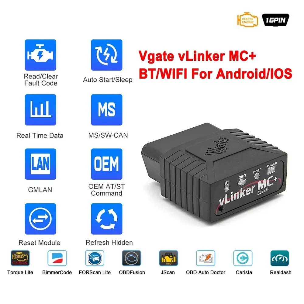 Car Diagnostic Scanner Tool OBDIICAT-VLinker MC+ ELM327 Bluetooth 3.0 4.0 OBD2 ELM 327 Wifi For IOS Android Device