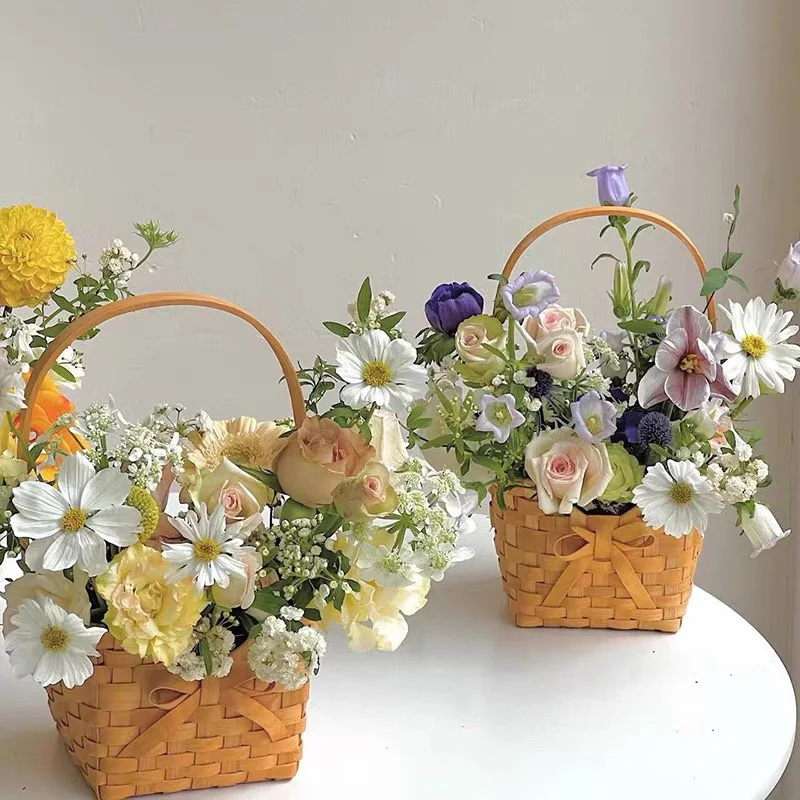 Hand Made Flower Basket Portable Handle  Basktes Organizer  Wicker Rattan Storage Box Kitchen Outdoor Pincnic Food Basket 3
